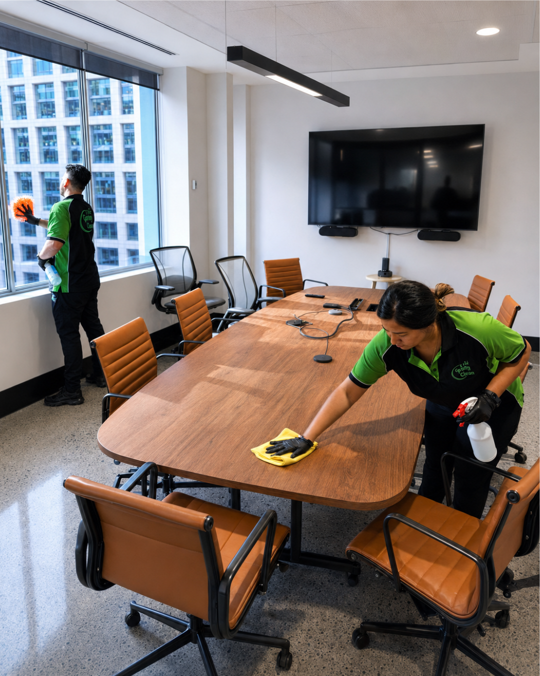 Office cleaning in Melbourne - Two cleaners in green uniforms wipe a large wooden conference table in a modern office meeting room near tall windows with a city view, spraying and polishing surfaces.