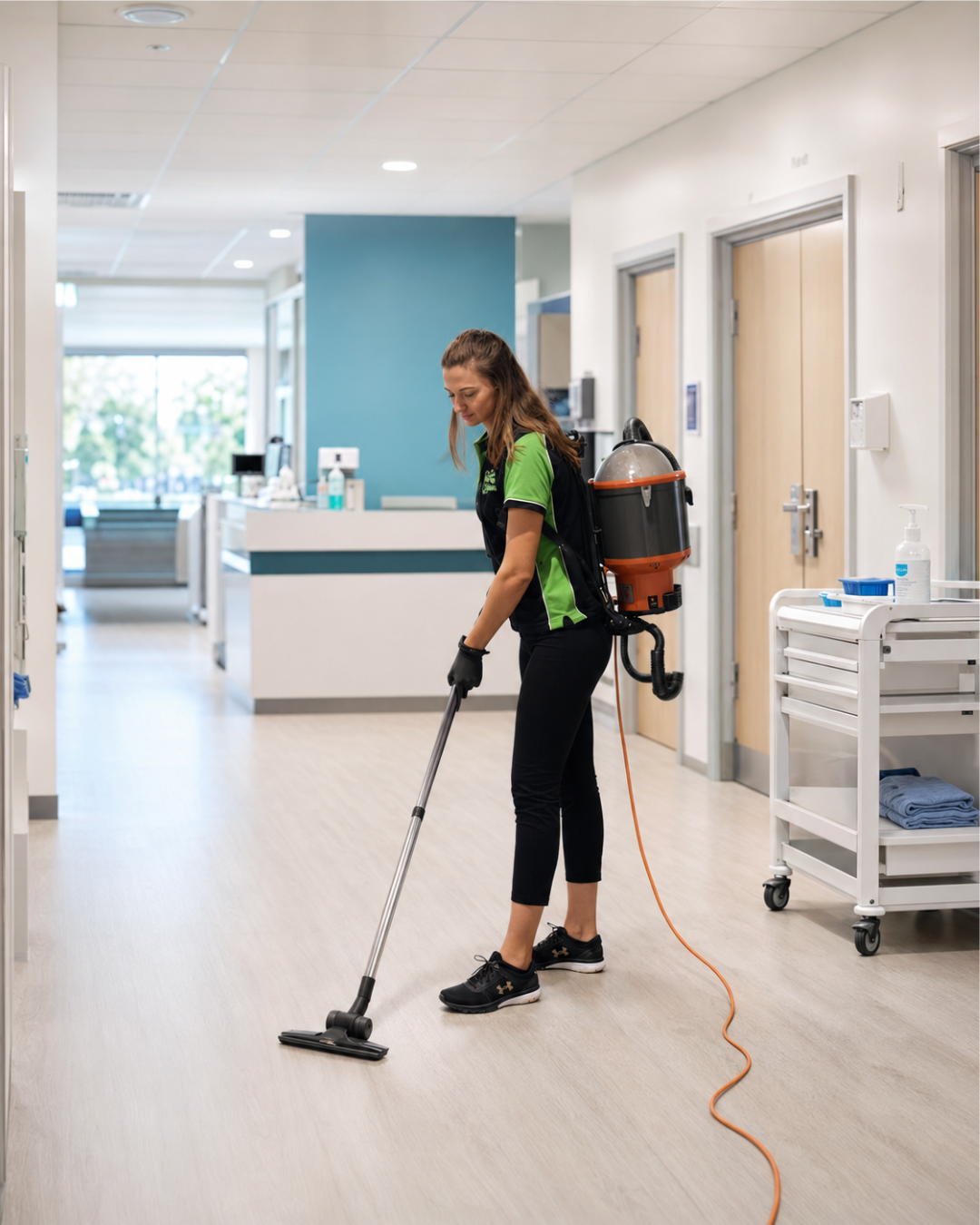 Medical center Cleaning - Hospital cleaner in a green and black uniform uses a backpack vacuum to sweep a bright corridor with smooth flooring.