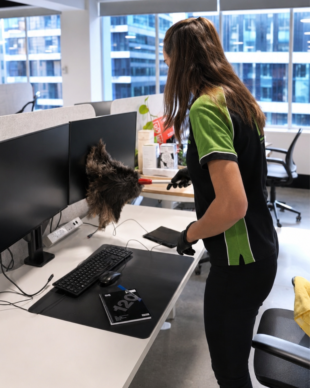 School and Education Facility Cleaning - worker in a black and green uniform dusting computer monitors at a desk in a modern office.