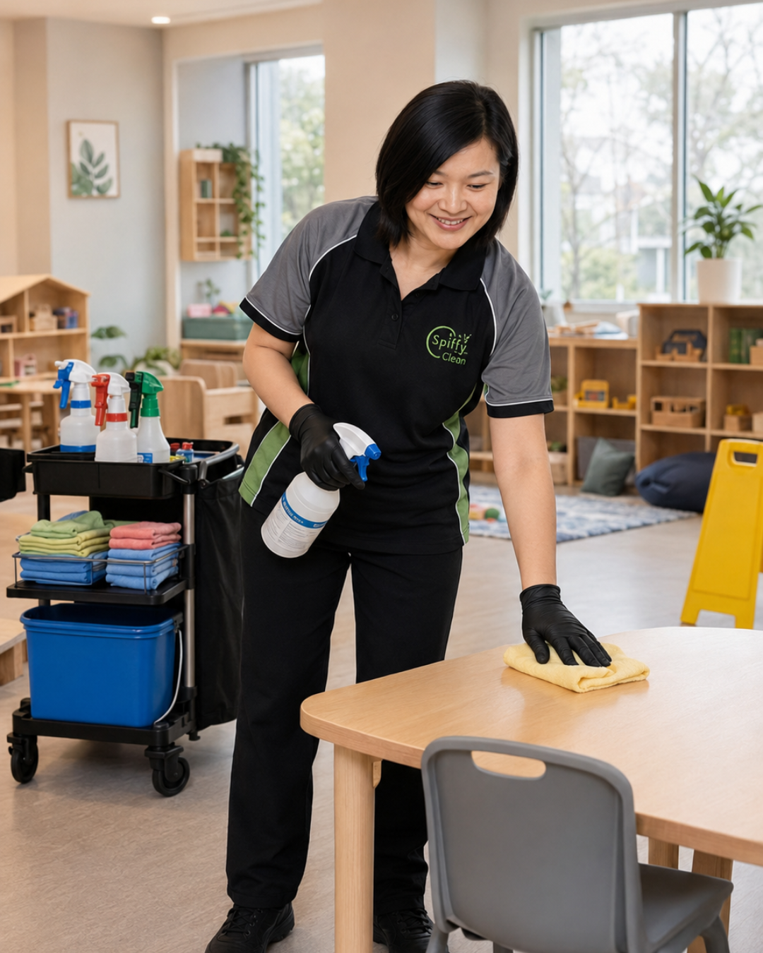 Caretaker in a black and gray uniformCleaning a wooden table with a yellow cloth in a bright classroom.