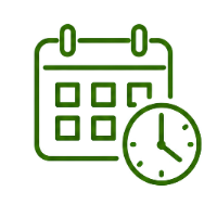 Green calendar icon with a clock, signaling scheduling or an appointment time.