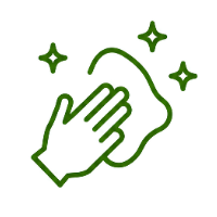 Green line drawing of a hand wiping a surface with a cloth, surrounded by sparkles to indicate cleanliness.