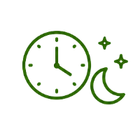 Green clock beside a crescent moon and stars, symbolizing night or bedtime.