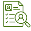 Identity verification checklist: a document with checkmarks and a user icon with a magnifying glass indicating identity check.