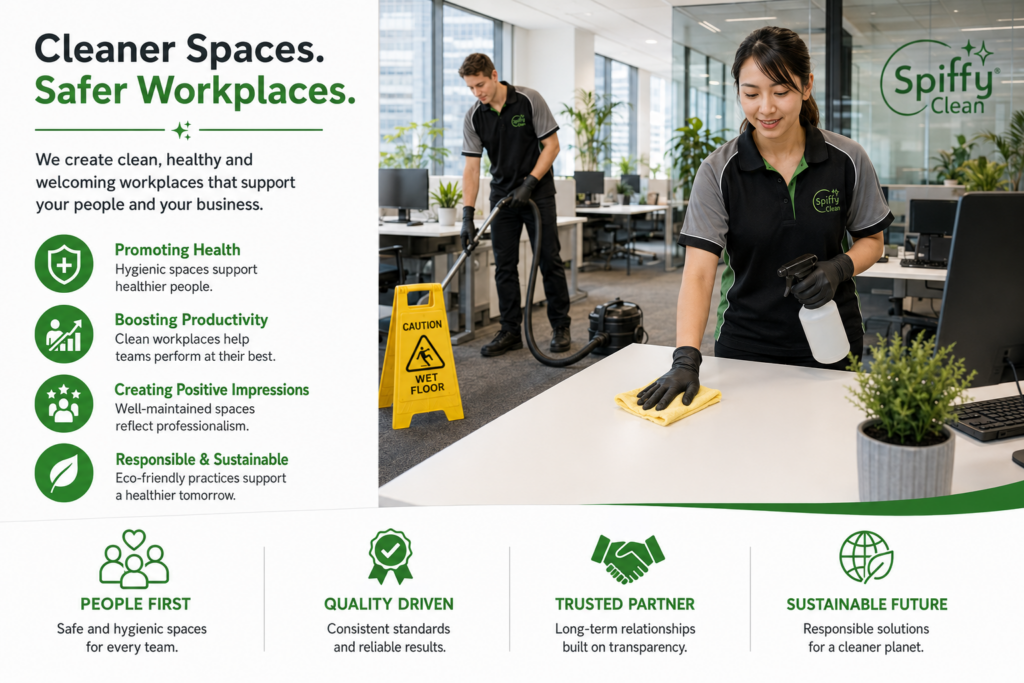 Picture1361 | Spiffy Clean - Commercial & Office Cleaning Services | Spiffy Clean - Commercial & Office Cleaning Services Two cleaners in green/black uniforms sanitize a modern office; a female worker wipes a desk while a male coworker vacuums in the background, with a left-side green-infused info panel about clean spaces and health.