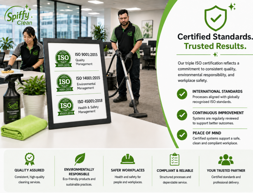 Picture1363 | Spiffy Clean - Commercial & Office Cleaning Services | Spiffy Clean - Commercial & Office Cleaning Services Cleaning staff at a reception area with a framed ISO certificates board and a large 'Certified Standards' panel on the right.