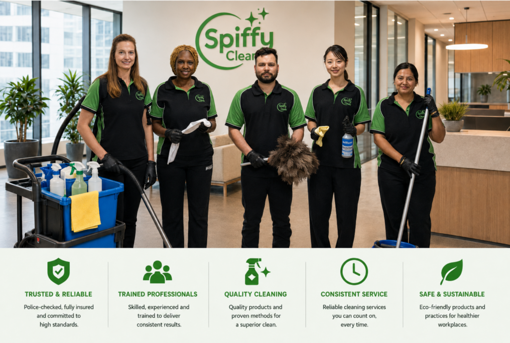 Picture1364 | Spiffy Clean - Commercial & Office Cleaning Services | Spiffy Clean - Commercial & Office Cleaning Services Five cleaners in black-and-green uniforms pose in a modern office lobby with a cleaning cart and supplies; Spiffy Clean logo on the wall behind them.