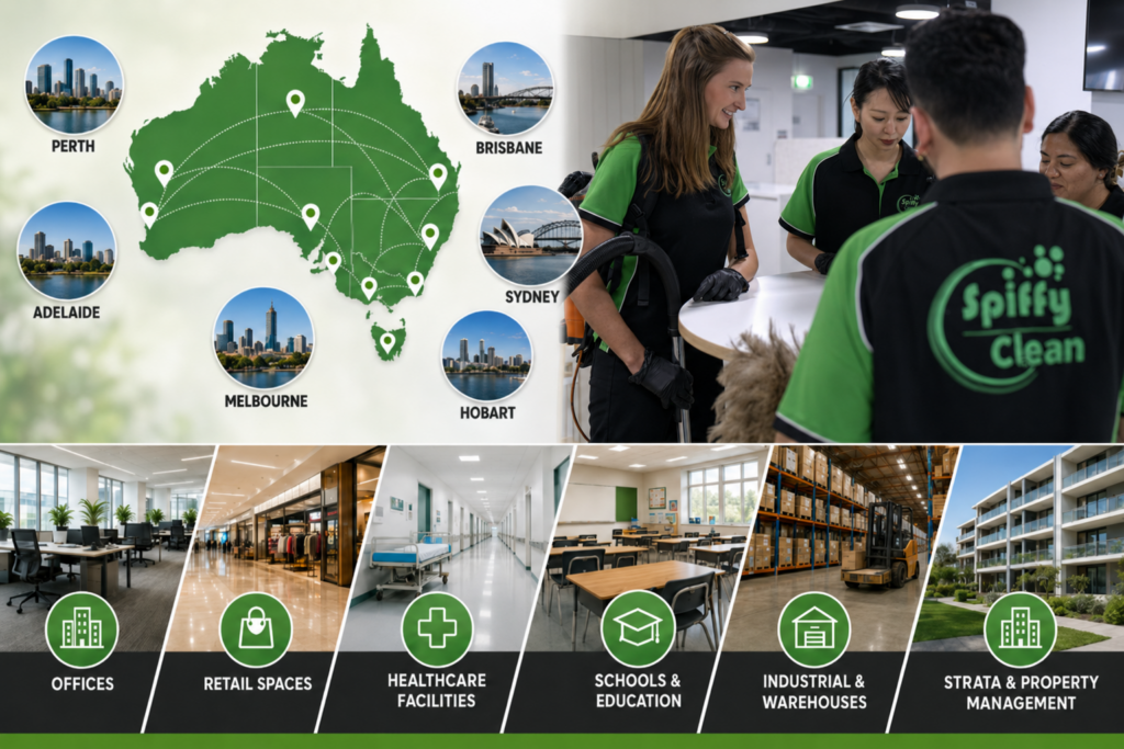 Picture1365 | Spiffy Clean - Commercial & Office Cleaning Services | Spiffy Clean - Commercial & Office Cleaning Services Australia map with location pins and circular city photos, plus Spiffy Clean staff cleaning a workspace; service areas listed below.