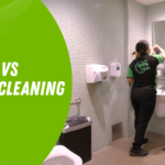 Green overlay with the title 'Commercial vs Residential Cleaning' beside a cleaner at a bathroom sink in a tiled restroom.